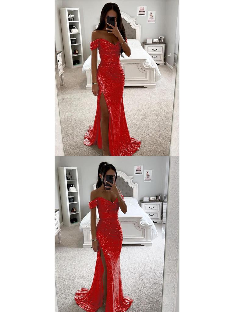 Europäisches & Amerikanisches One-Shoulder Pailletten-Schlitzkleid - Damen Freizeit Party Mode