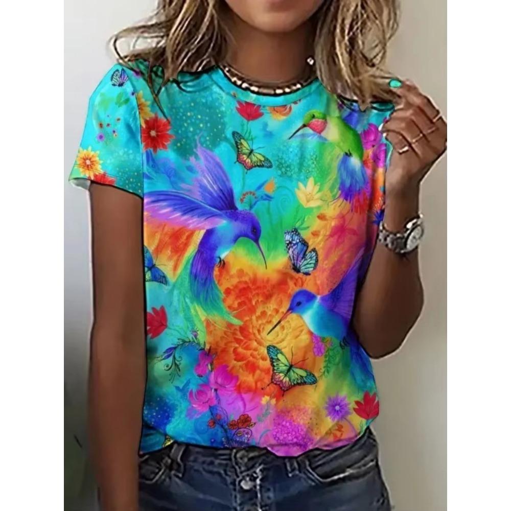 Hot Selling Recommendation! Colorful Hummingbird Flower T-shirt, Loose and Slimming, Breathable Short Sleeved, Women's 3D