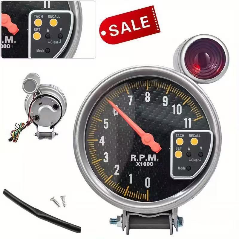 

5 Racing Tachometer with Real Carbon Fiber Face and Warning Light - Silver Shell No Brand