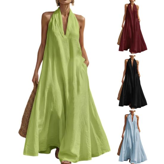 Sommer-Maxikleid für Damen, lässig, ärmellos, Neckholder, V-Ausschnitt, Revers, langes Kleid, Strandurlaub, fließendes Sommerkleid mit Taschen