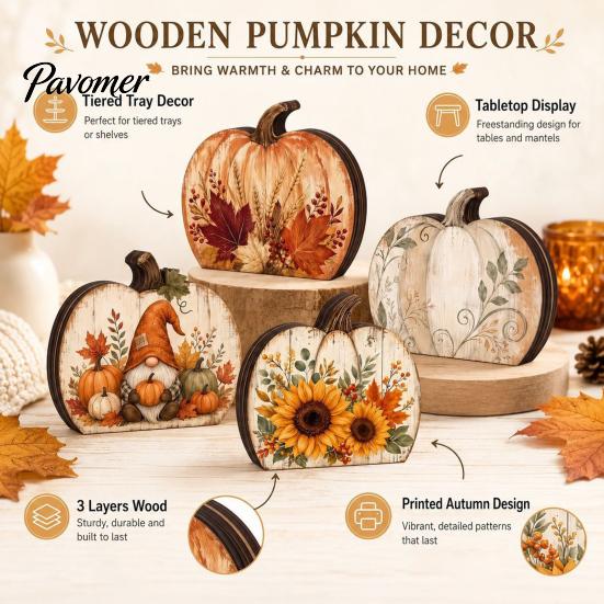 Harvest Home Decorations Thanksgiving Fall Pumpkin Table Decoration, Rustic Block Wooden Sign, Autumn Vintage Festival Ornaments Farmhouse Tabletop