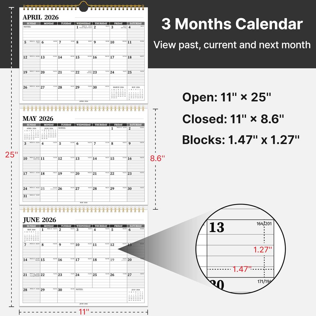 Wall Calendar 2026-2027, 3 Month Vertical Calendar, Move-a-Page, 2 Year from January 2026 - December 2027, 11’’ x 25’’, Large Monthly Hanging