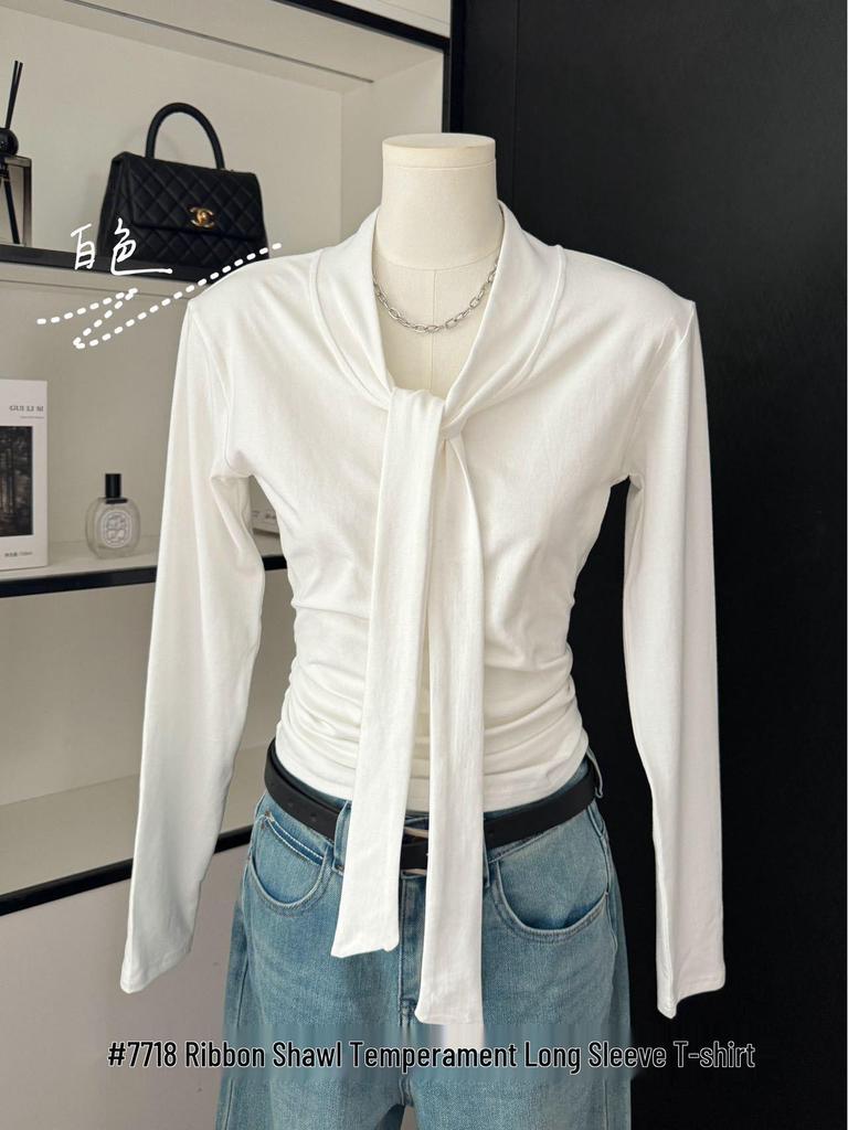 Women's Urban Style V-Neck Long Sleeve Slimming Shirt with Shawl Decoration for Early Autumn
