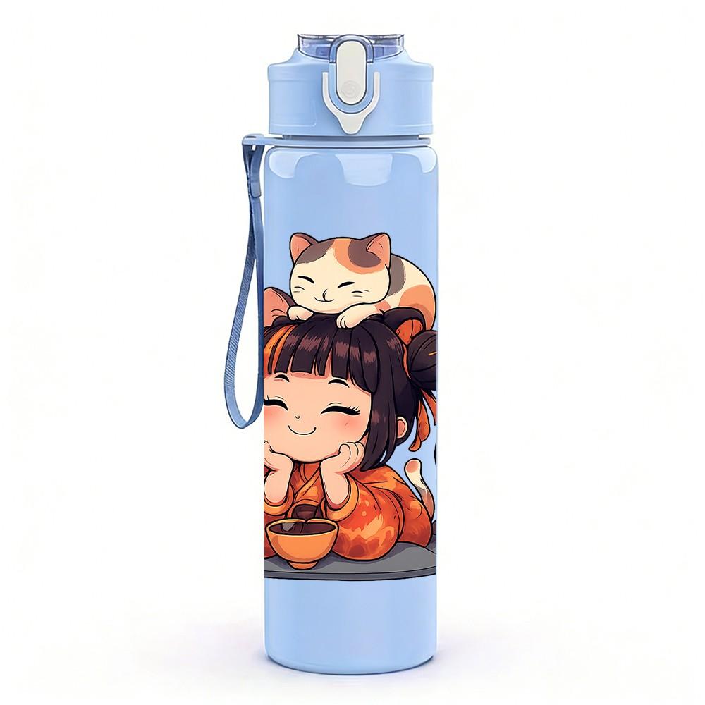 1PC Little Girl Cat Portrait 750ml Color Plastic Sports Water Bottle Leakproof Flip Straw Lid Suitable for Sports Office Home Use