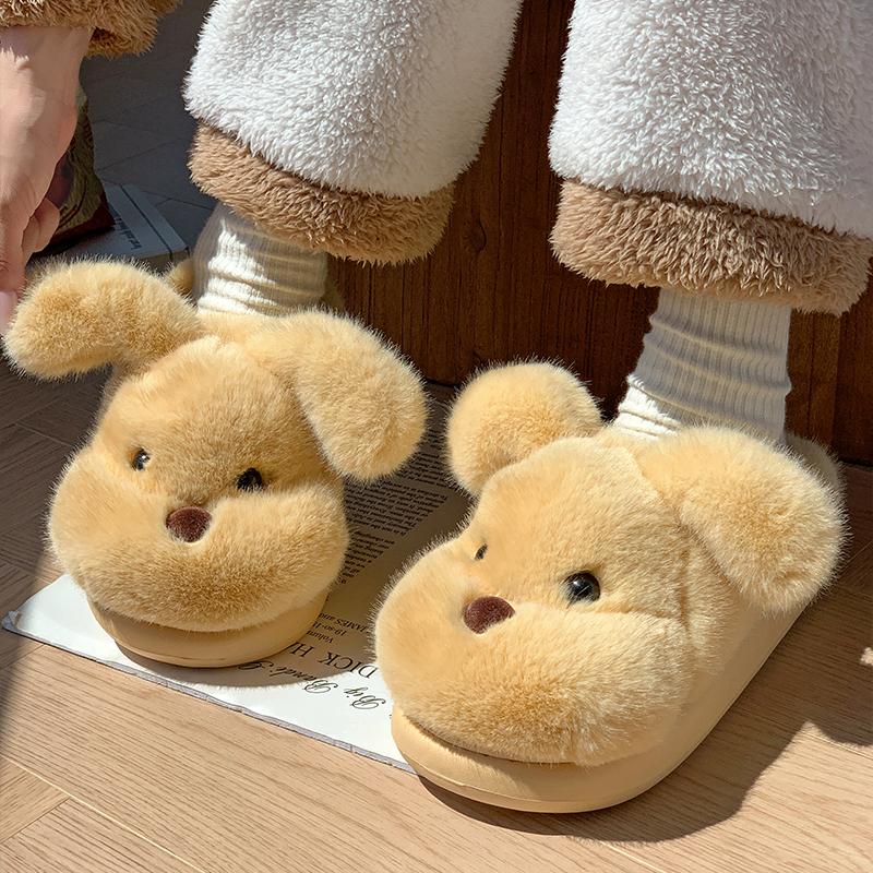 Fashion Cartoon Puppy Furry Cute Indoor Slippers Women 2025 Winter Fluffy Fur Non Slip Children's Home Slippers Warm Thick Plush Slides