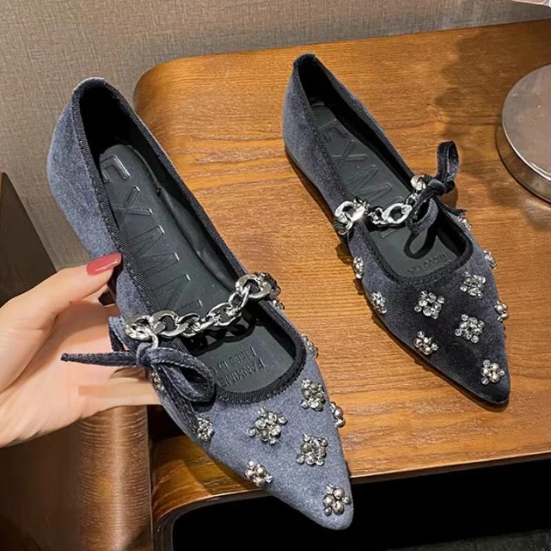 Metal Chain Design Pointed Toe Ballet Shoes Women Luxury Rhinestone Decoration Flats Mary Jane Shoes Fashion Banquet Dress Shoes