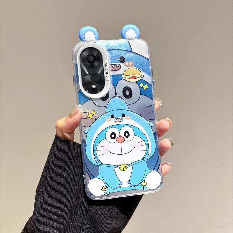 KEYSION Cute Ear Cartoon Case for OPPO A58 4G A38 A18 with Lanyard Soft Silicone+PC Shockproof Phone Back Cover for OPPO A17 A17K