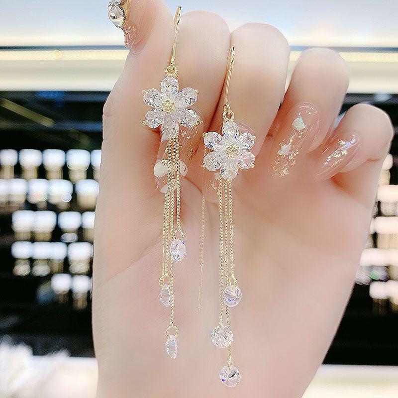 White Zircon Flower Tassel Earrings - Five-Petal Dangle with Anti-Loss Design