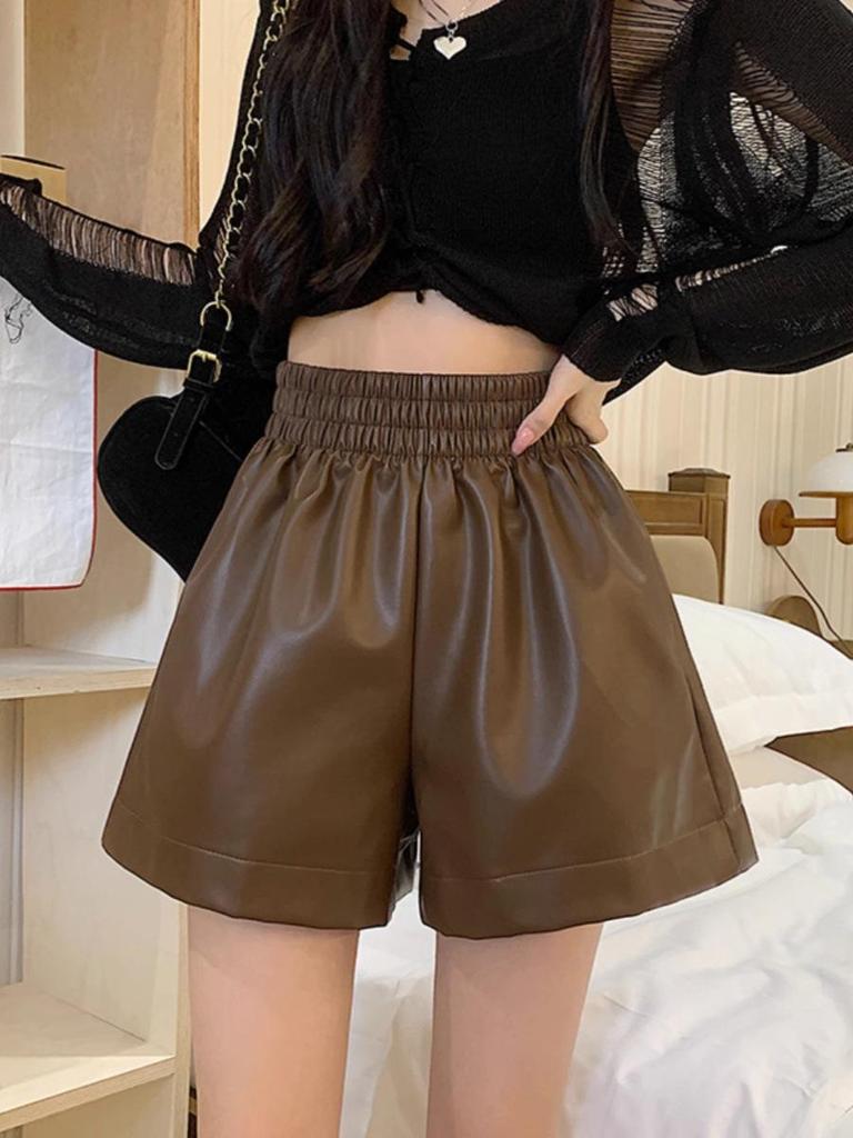 PU Leather Women’s High-Waist A-Line Shorts – Autumn/Winter 2025 Black Fashion Wide-Leg Casual Pants