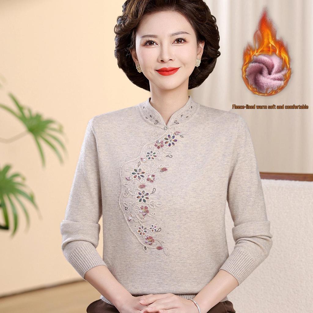 New Chinese Style Warm Fleece-Lined Qipao Collar Sweater for Middle-Aged & Elderly Women