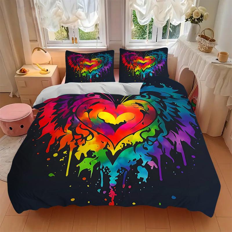 3pcs Heart Rainbow 1Cover + 2Pillowcases, PillowInserts NotIncluded, Machine Washable, All - Season Use, Suitable for Bedroom Guest Room79