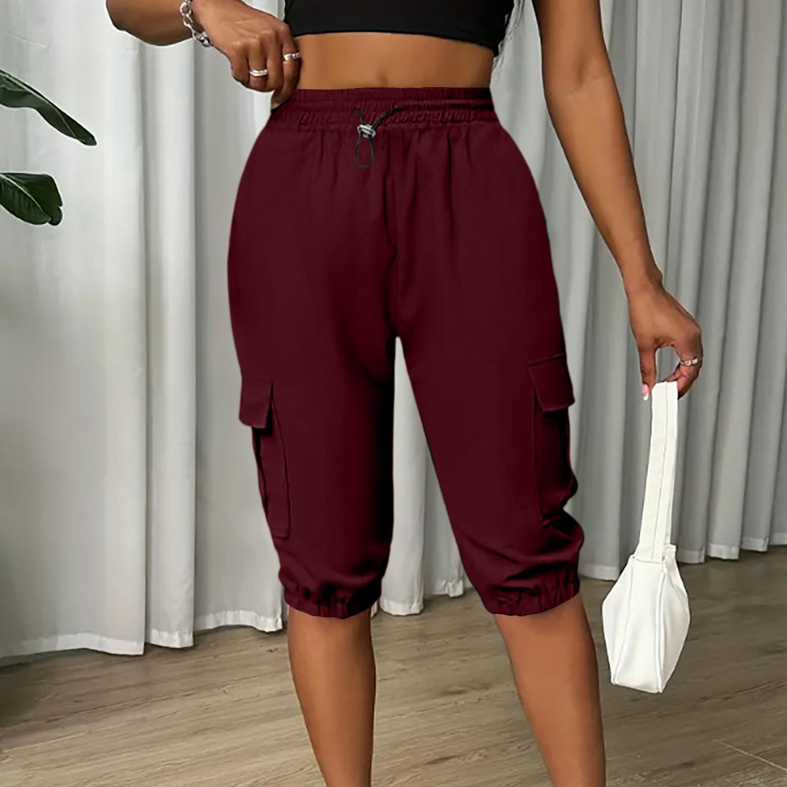 

Ladies Summer Casual And Fashionable Cropped Pants With Multiple Pockets And Solid Color Shorts XL