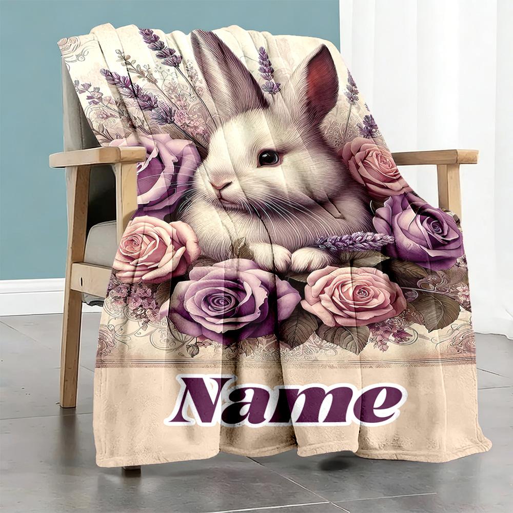 Beautiful Rabbit Customize Text Blanket Cozy Personalized Blanket Ultra-Soft Suitable for Home Decor Nap Livingroom Picnics All-Season Use