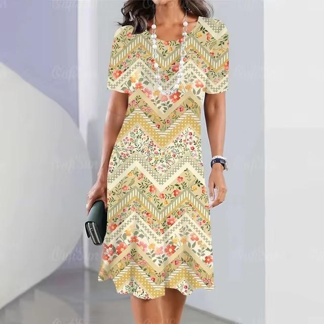 Elegant Women Short Sleeve Fashion 3d Print Midi Dress Plus Size Beach Clothing S