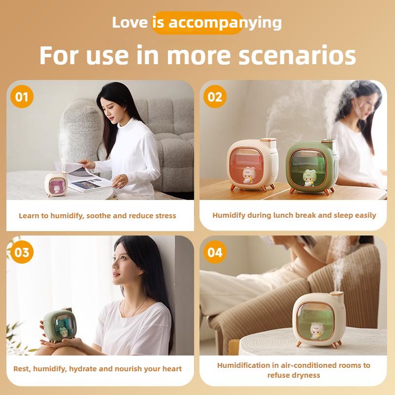 Umidificator de aer ultrasonic cu păpuși de desene animate, capacitate mare 500 ml, difuzor de aromaterapie cu uleiuri esențiale, lumini de noapte colorate cu respirație, USB