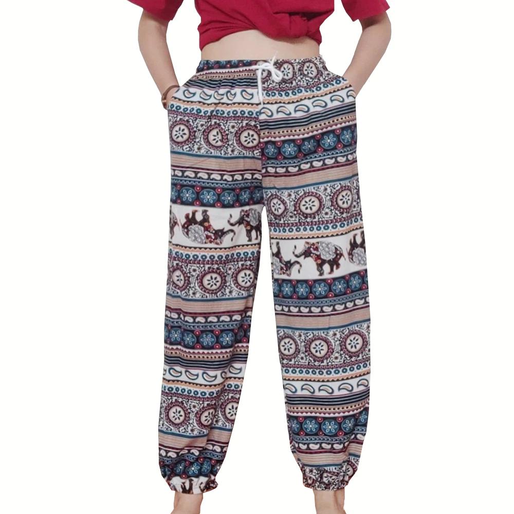 Elephant Jump Pants Pocket Adjustable Elastic High Waistband Strap Unisex Man Women Print Thailand Casual Streetwear Beach Bohemian Retro Vintage