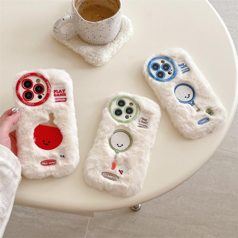 Fall/Winter Round Hole Cute Fun Sports Racket Plush Case for iPhone 16 Pro Max 15 14 Plus 13 Pro 12 11 All-inclusive Fall Protection Cover