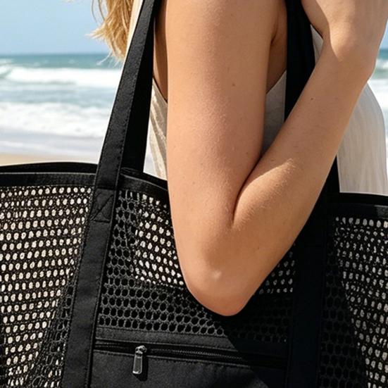 Mesh Beach Tote, Women Shoulder Bag, Sandproof Breathable Beach Bag with Zippered Pocket, Summer Travel Tote Bag for Holiday Daily Use