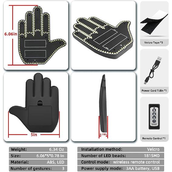 Middle Finger Car Light - Glogesture Hand Light For Car,Light Up Middle Finger For Cars Window, Led Hand Gesture With Remote,Road Rage Hand Led Sign,