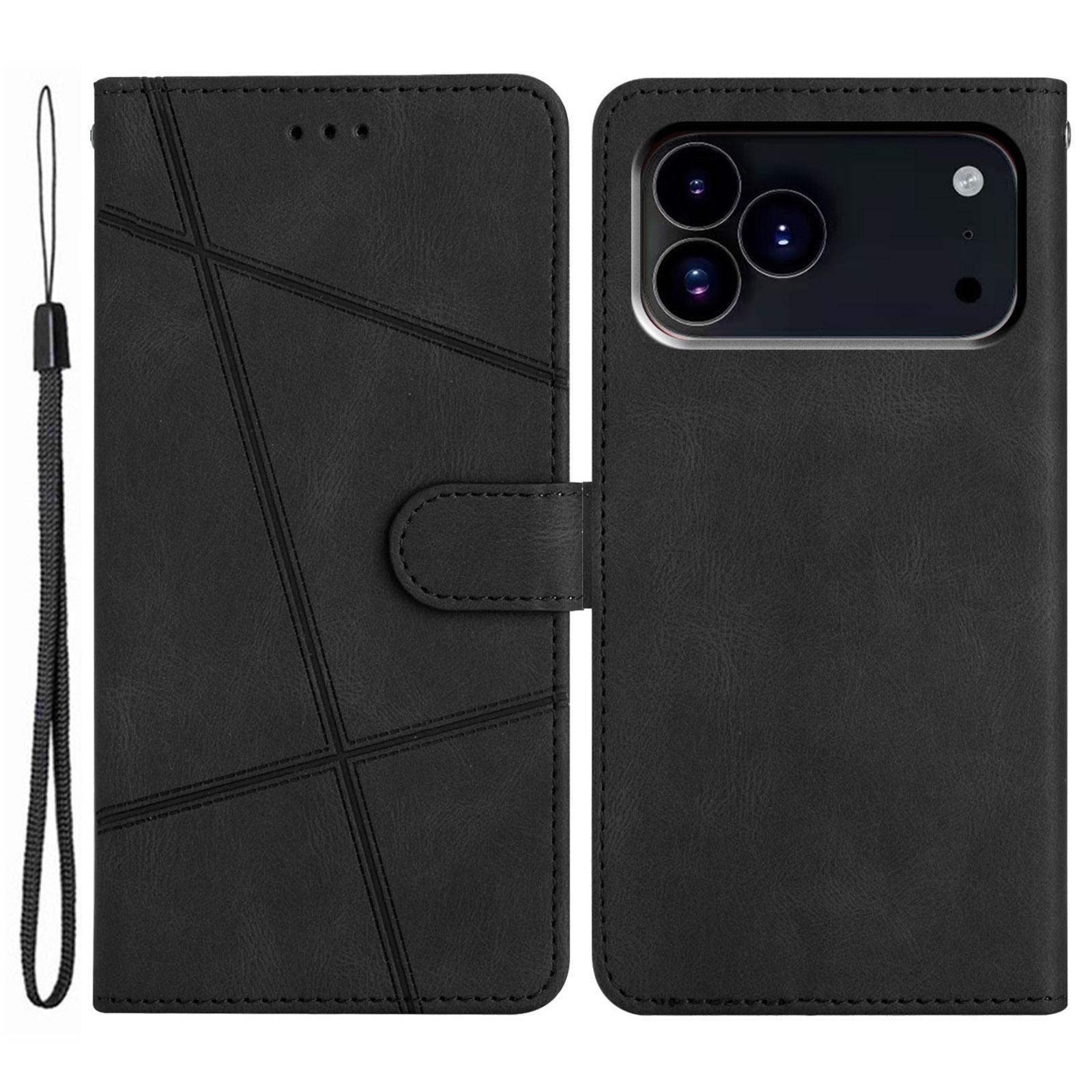 

For iPhone 17 Pro Wallet Case Line Imprinted Skin-Touch Leather Flip Phone Cover Black