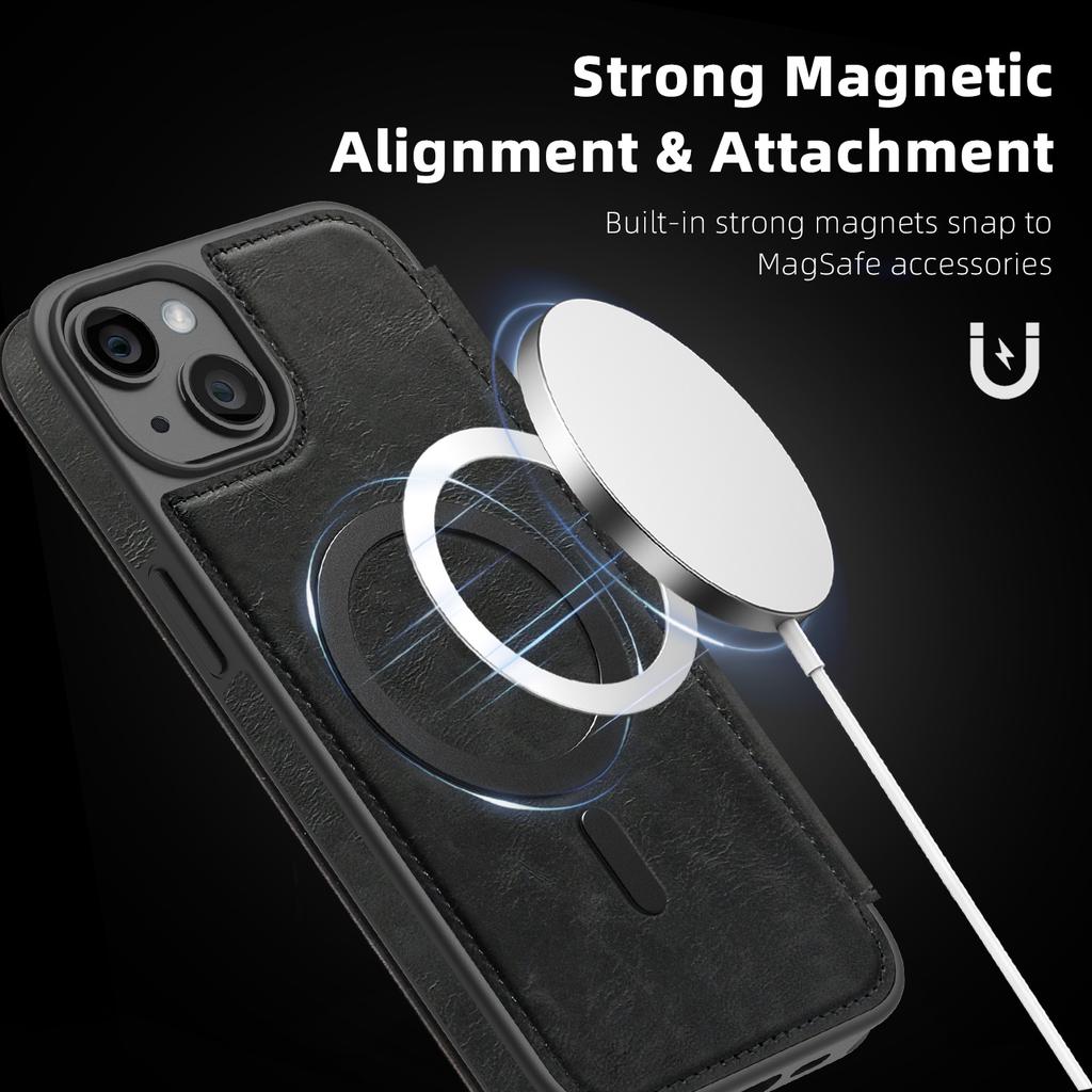 For iPhone 14 Plus Case Compatible with MagSafe RFID Blocking Card Holder Leather Phone Cover