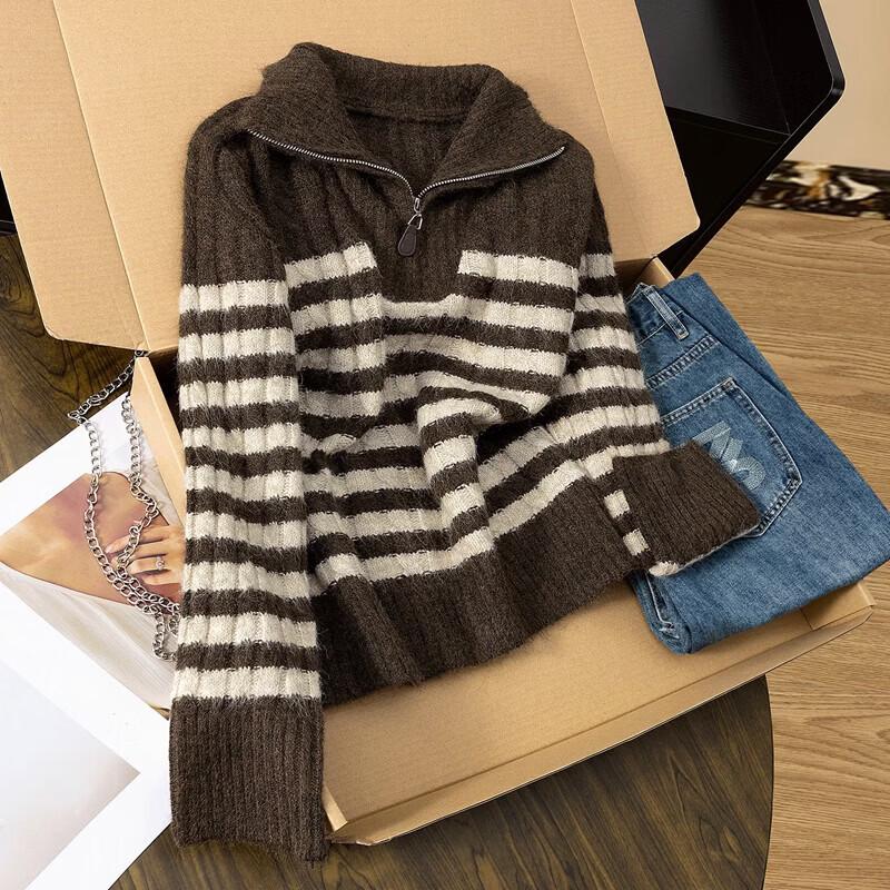 Women s Contrast Striped Turn-down Collar Wool Blend Sweater One Size