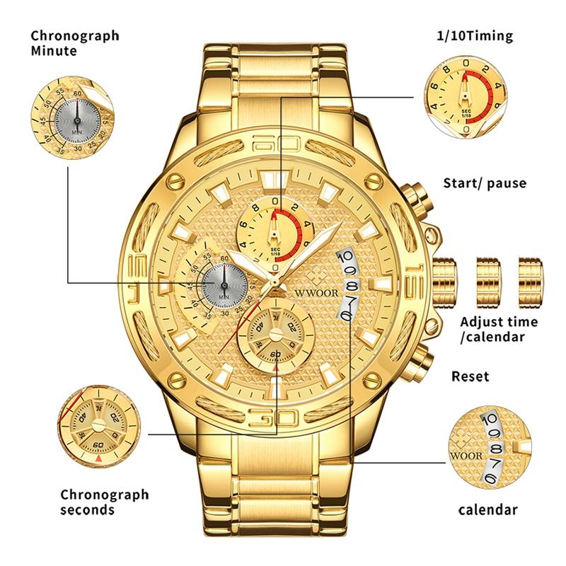 Herrenuhren Top Marke Mode Luxus Gold Edelstahl Quarz Uhr Herren Wasserdicht Sport Chronograph Uhr