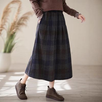 Retro Karierter Wollrock für Damen im Winter Hoch Taille Fallend Um Sie Schlank Aussehen Zu Lassen A-Linie Großer Überknie Midirock
