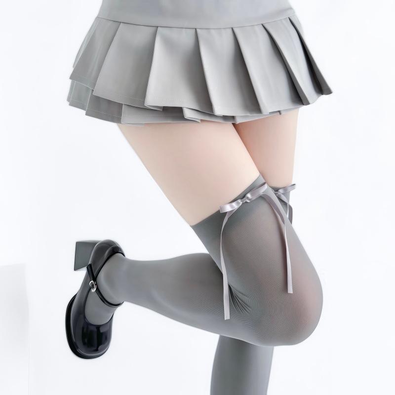 Lolita Socks Bow Knee Socks Calf Socks Gray JK Stockings Women's Ribbon Butterfly Long Socks