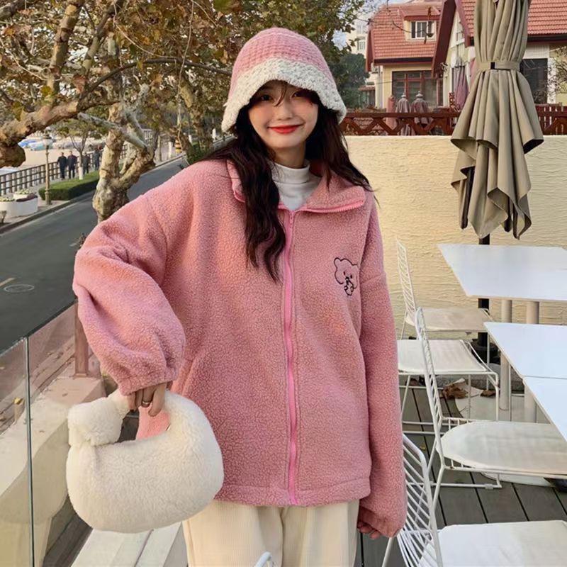 

2024 Осень/Зима Кардиган из шерсти ягненка с вышивкой, повседневный, на молнии S розовый