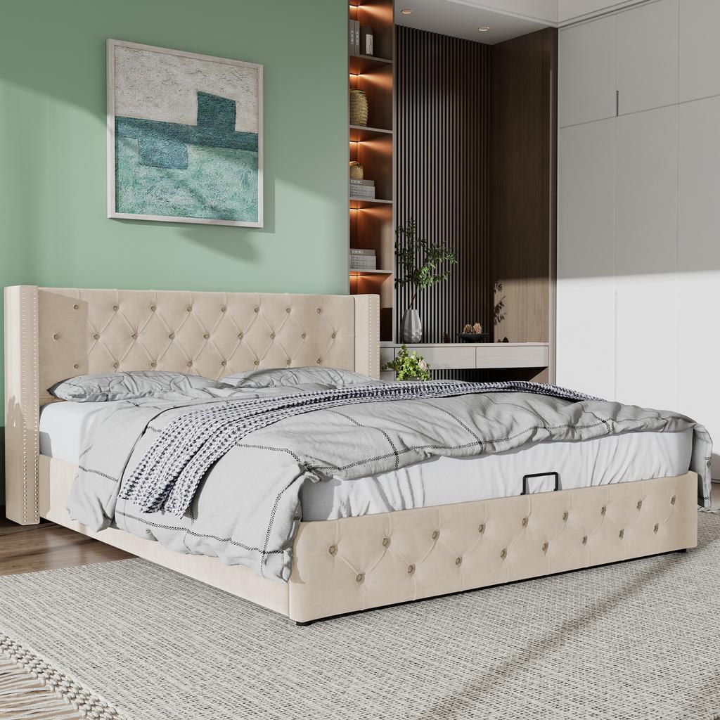 Upholstered Bed Wingback, Double Row of Studs Velvet, Button Stitching Head and Foot End, Double Bed 160*200, Hydraulic Function, Beige