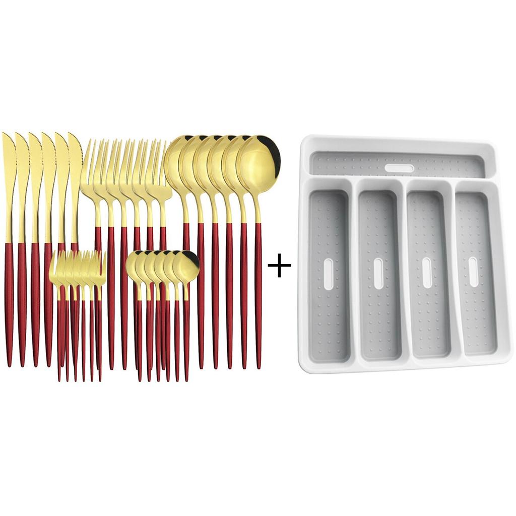 30pcs Gold Dinnerware Set Stainless Steel Tableware Set Knife Cake Fork Spoons Cutlery Set Plastic Storage Tray Kitchen Flatware