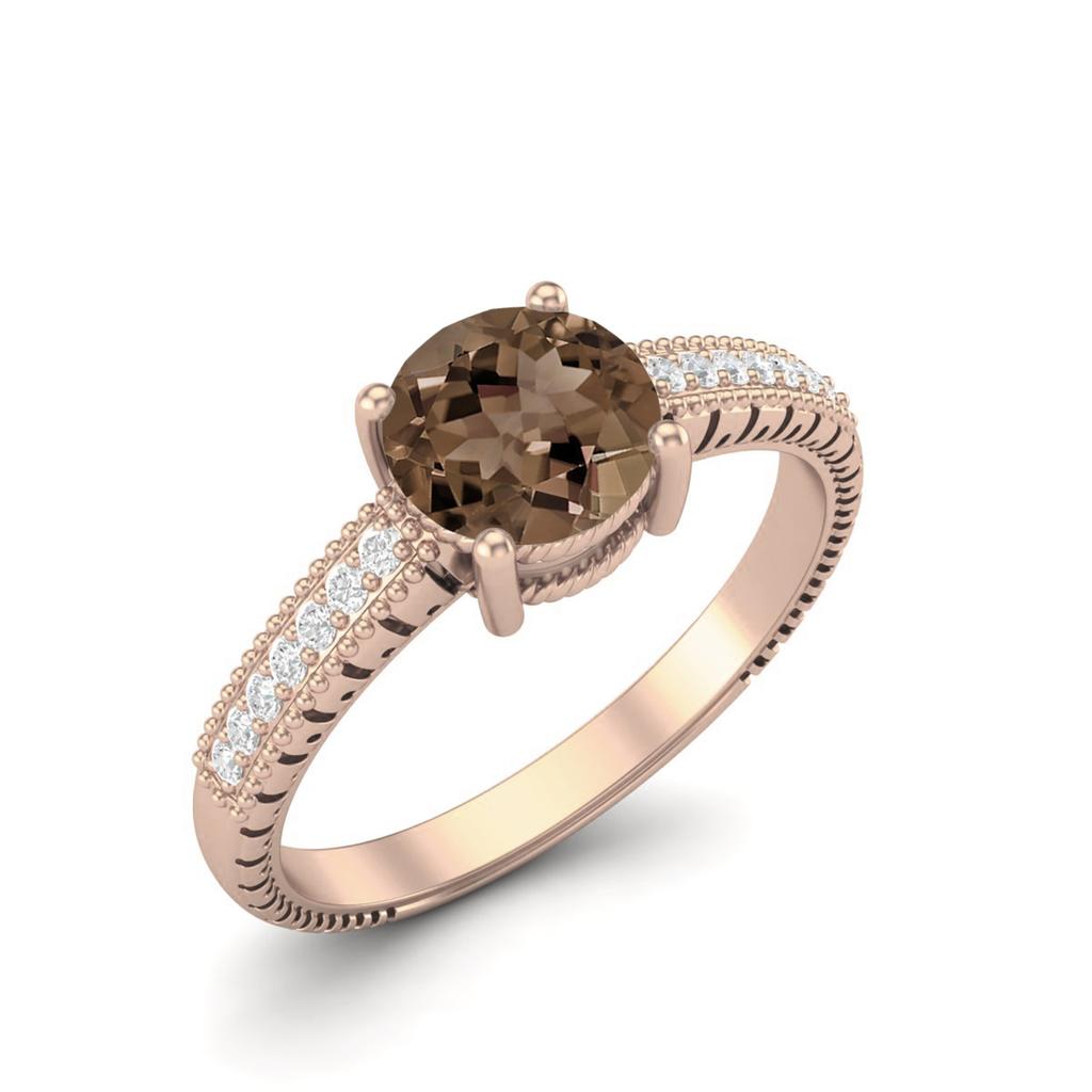 0.97 Ctw Round Smoky Quartz 925 Sterling Silver Rose Vermeil Solitaire Women Wedding Ring