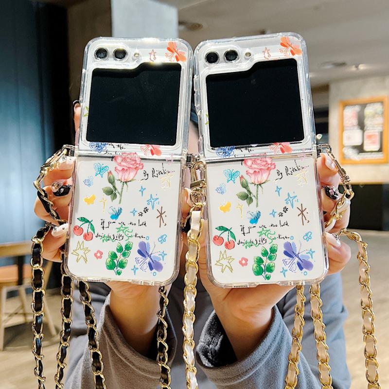 

Красочный цветочный принт прозрачный складной чехол из 3 предметов для Samsung Galaxy Z Flip6 Flip5 Flip4 Flip3 металлический ремешок шнурок противоударный тонкий мягкий чехол для телефона Samsung Z Flip6 чёрный