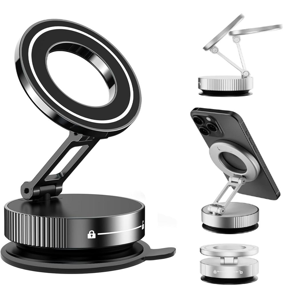 360° Foldable Vacuum Magnetic Phone Holder, Magnetic Car Phone Mount, Hands-Free Suction Cup Phone Holder for Smooth Surface/Car