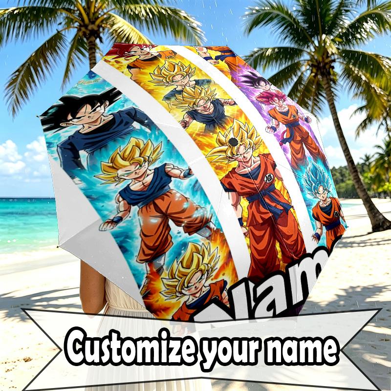 Custom Name Personalized DRAGON BALL Print Umbrella, Auto Open Close, 8‑Rib Sturdy Frame, Commute Camping Hiking Use, Birthday Gift
