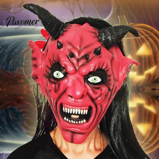 Máscara de Diablo para Halloween Máscara de Satán, Disfraz Realista de Cabeza Completa de Látex con Accesorios Largos y Escalofriantes de Cuernos Rojos y Colmillos, Accesorios de Fiesta de Cosplay Aterradores