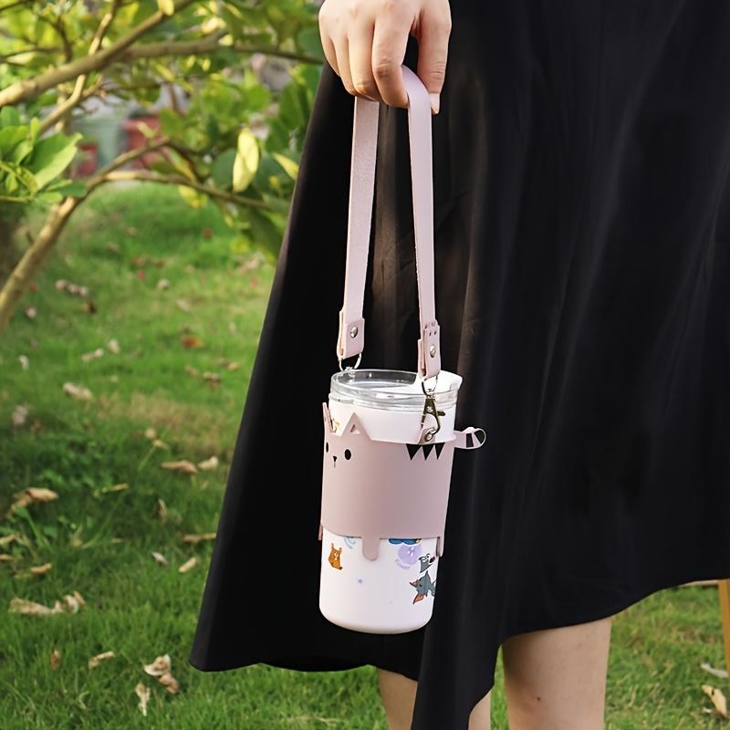 Support de Tasse en Cuir PU Design Chat Mignon pour Amoureux des Chats Porte-Tasses Portables Manchon pour Café Thé Lait Couvercle de Bouteille Porté à la Main en Extérieur