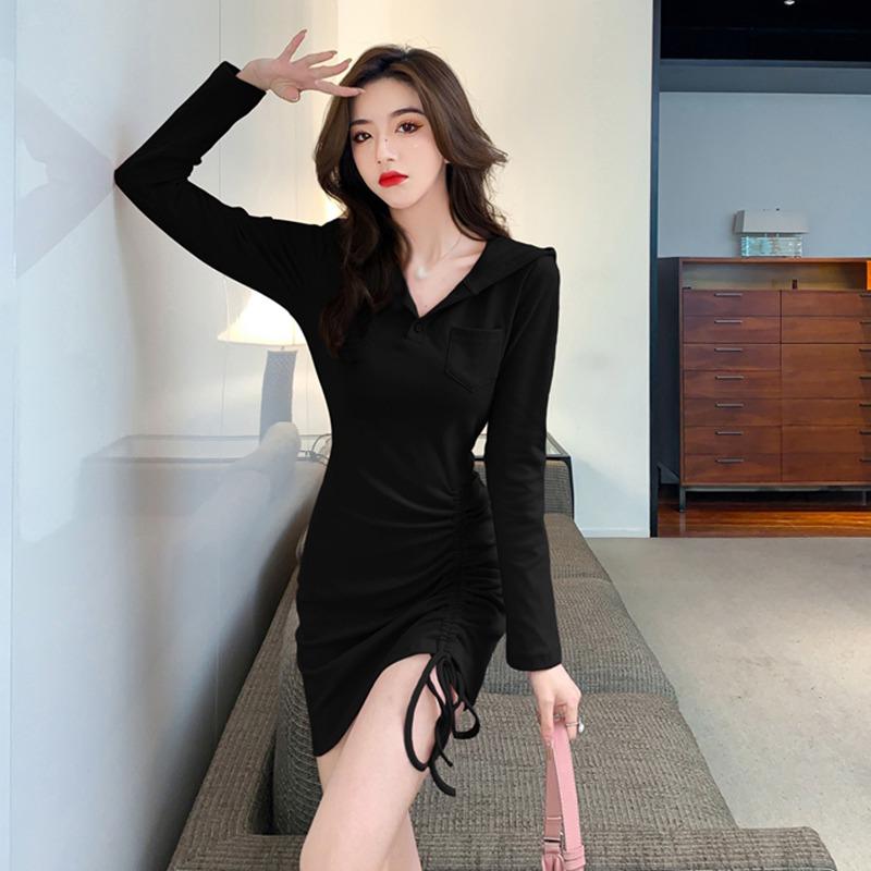 

Женское тонкое платье на шнурке, осенние платья с длинными рукавами и разрезом, однотонные женские платья One Size