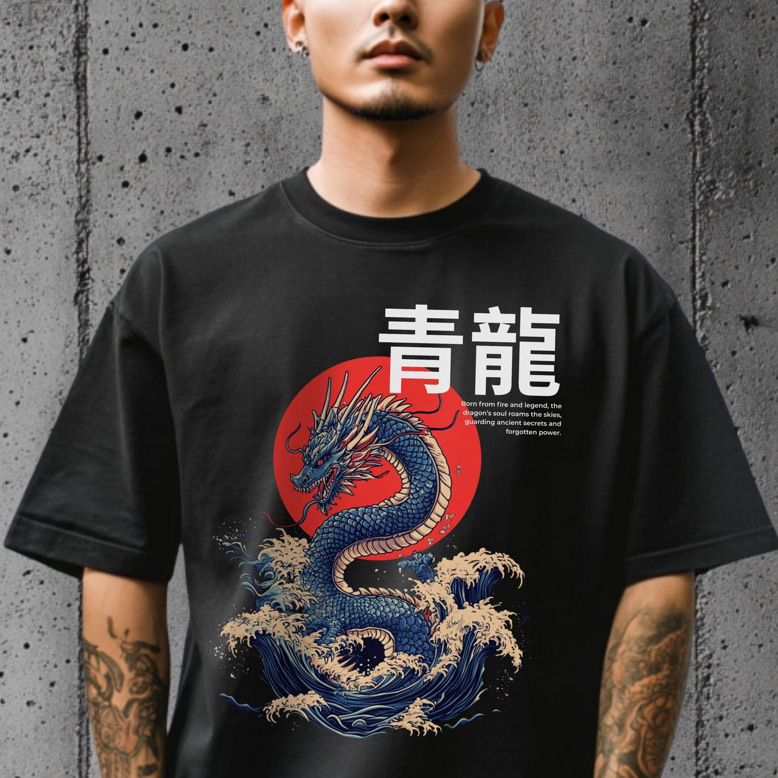 Japanese Dragon T-Shirt: Blue Serpent, Red Sun - Anime Streetwear S