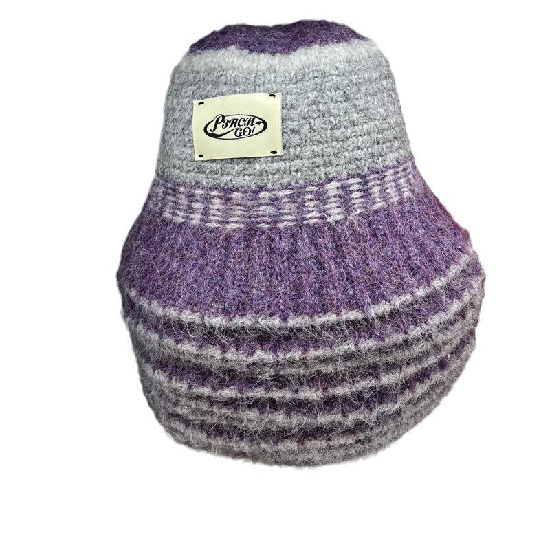 Hand hook knitted bucket hat women's new color matching retro niche design sense woven simple wool hat women