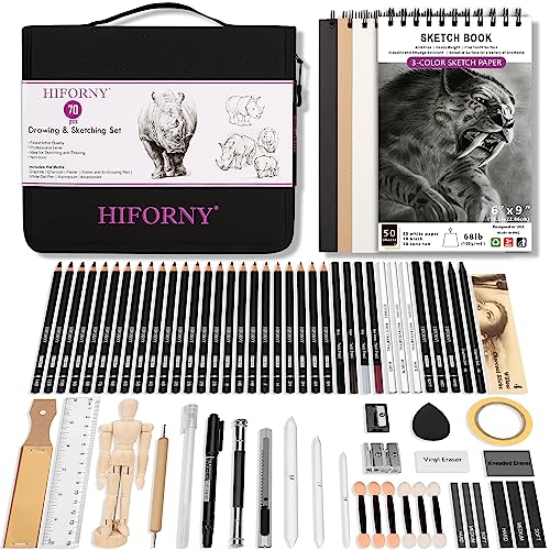 

HIFORNY 70-Piece Sketching Set - Sketch Pencil Art Supplies for Adult and Child Artists, Includes 3-Color Sketchbook, Graphite, Pastel, Charcoal Penci