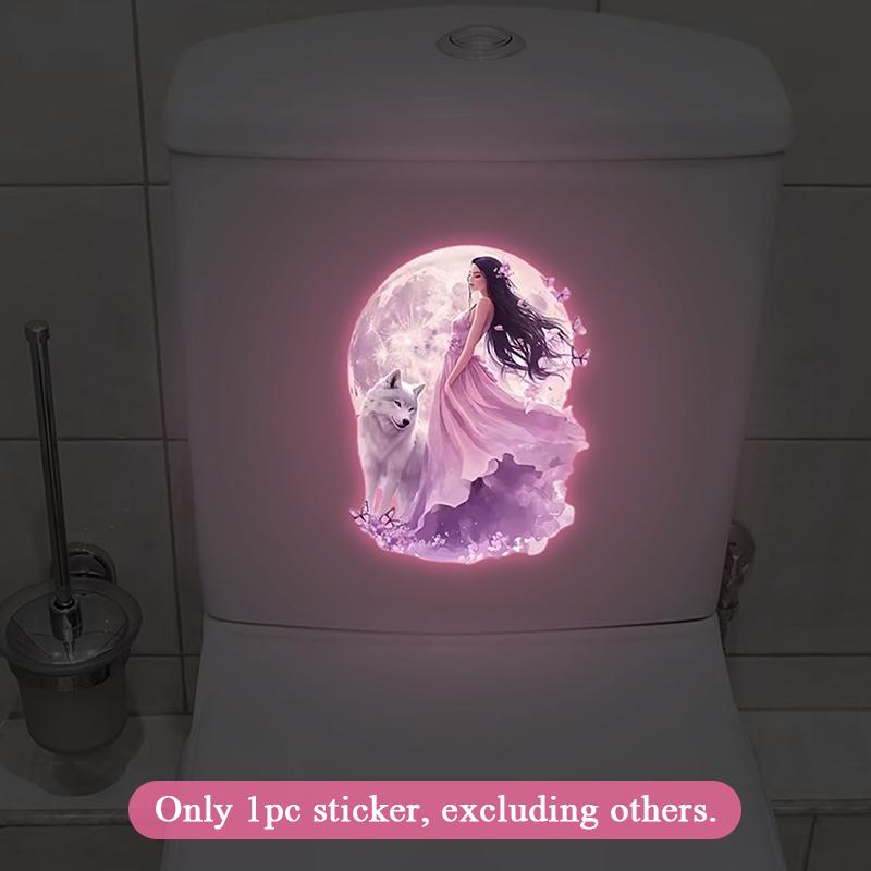 Glow-In-The-Dark Moonlight Fairy Wolf Toilet Sticker Toilet Lid Decoration Wall Decal Self-Adhesive Removable Luminous Decals