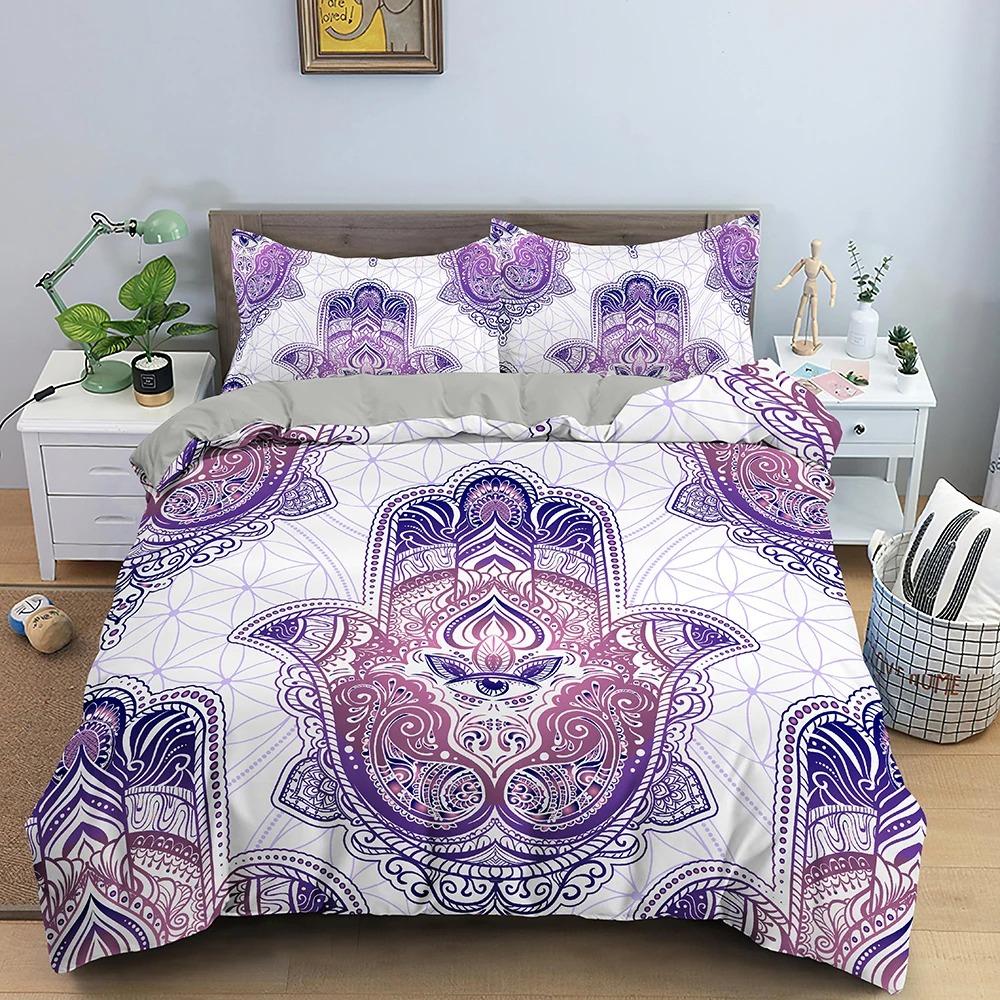 Hamsa Hand King Queen Bedding Set Hand of Fatima Duvet Cover Boho Mandala Black Gold Lucky Hand Polyester Quilt Cover
