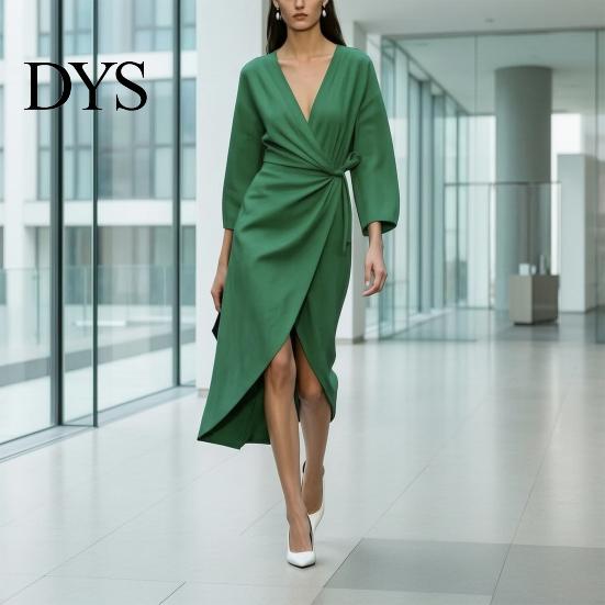 Women Midi Dresses Summer Deep V-Neck Dress, Ruffle Slim Waist Long Comfortable Dress Sleeves Solid Color Wrap for Daily Wear Party Breathable