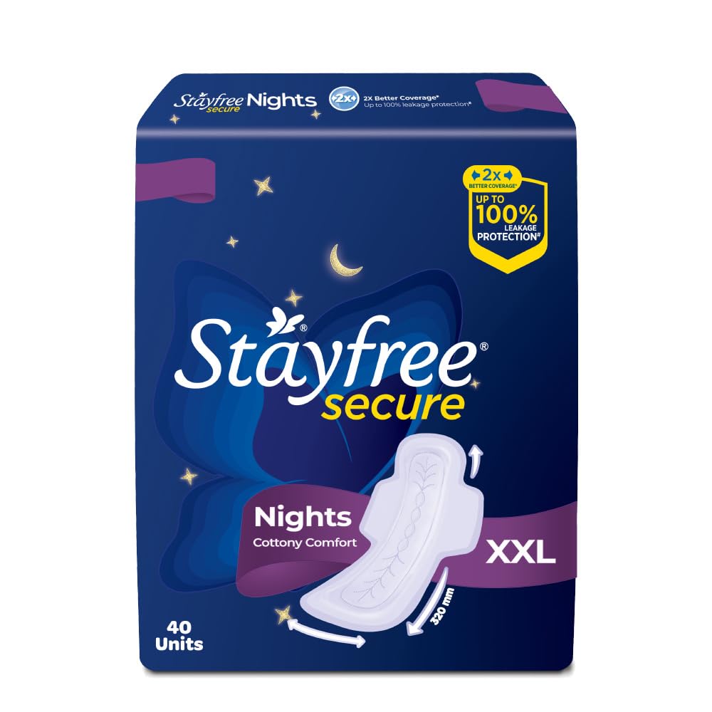 

Stayfree Secure Nights XXL | 40 Pads| Cottony Soft Sanitary Pads for Women | Upto 100% leakage protection