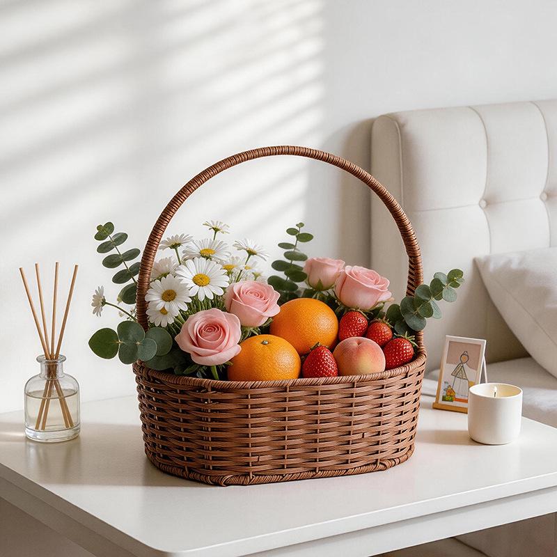 Pastoral Woven Rattan Flower Basket for Home Storage and Picking