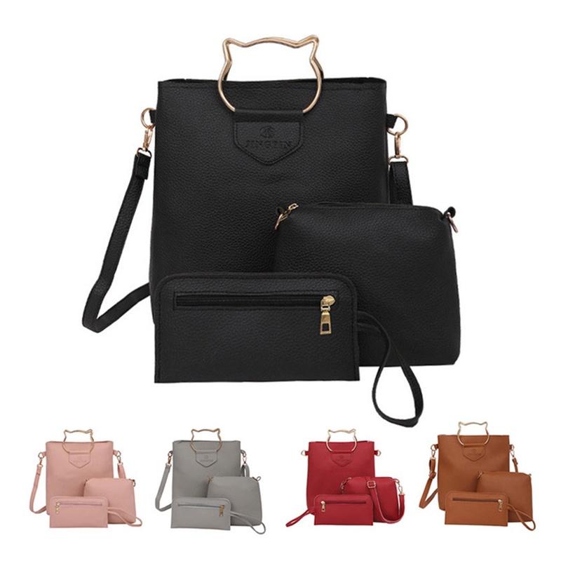 Korean Creative European And American Simple Cat Iron Handbag Three-piece Set Soft Pu Material