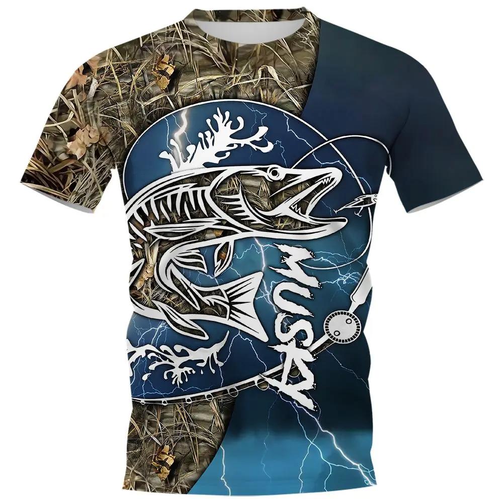 New Fishing Shirt Men's Summer Clothing Fish Graphic O Neck Oversized Tops 2024 Casual Outdoor Apparel For Male Shirt Tee 5XL