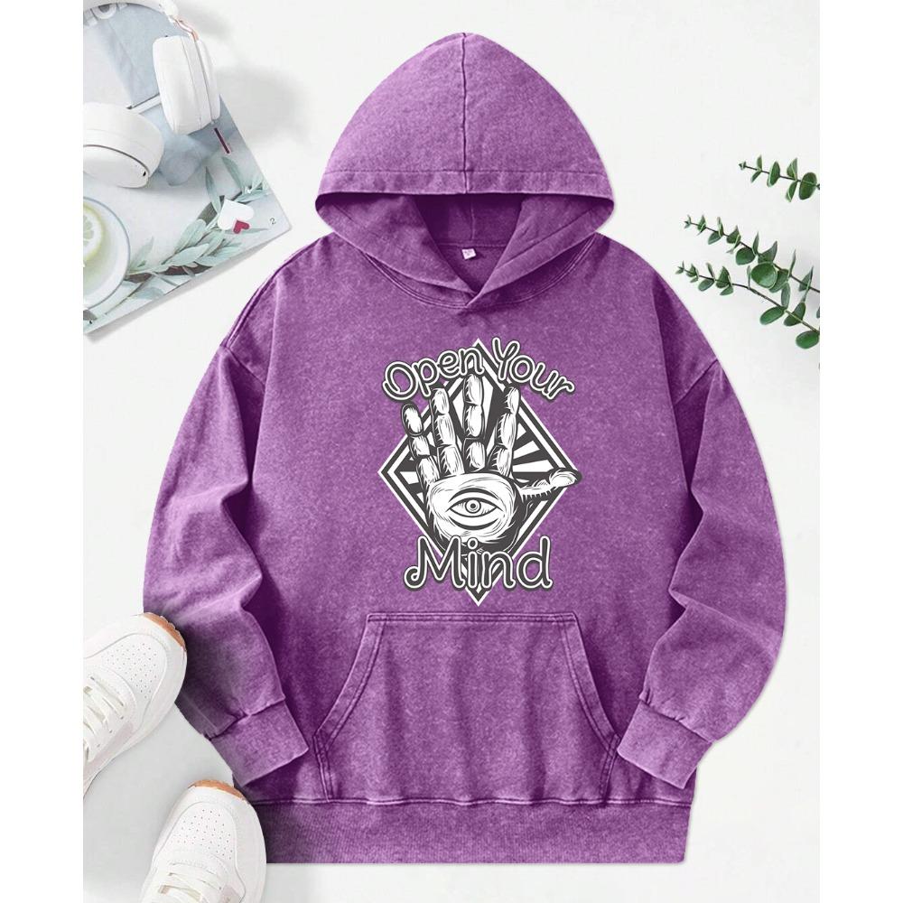 Open Your Mind Hand Print Women Snow Wash Hoodies Fashion Oversize Hoody Casual Pocket Sportswears Cotton Clothing